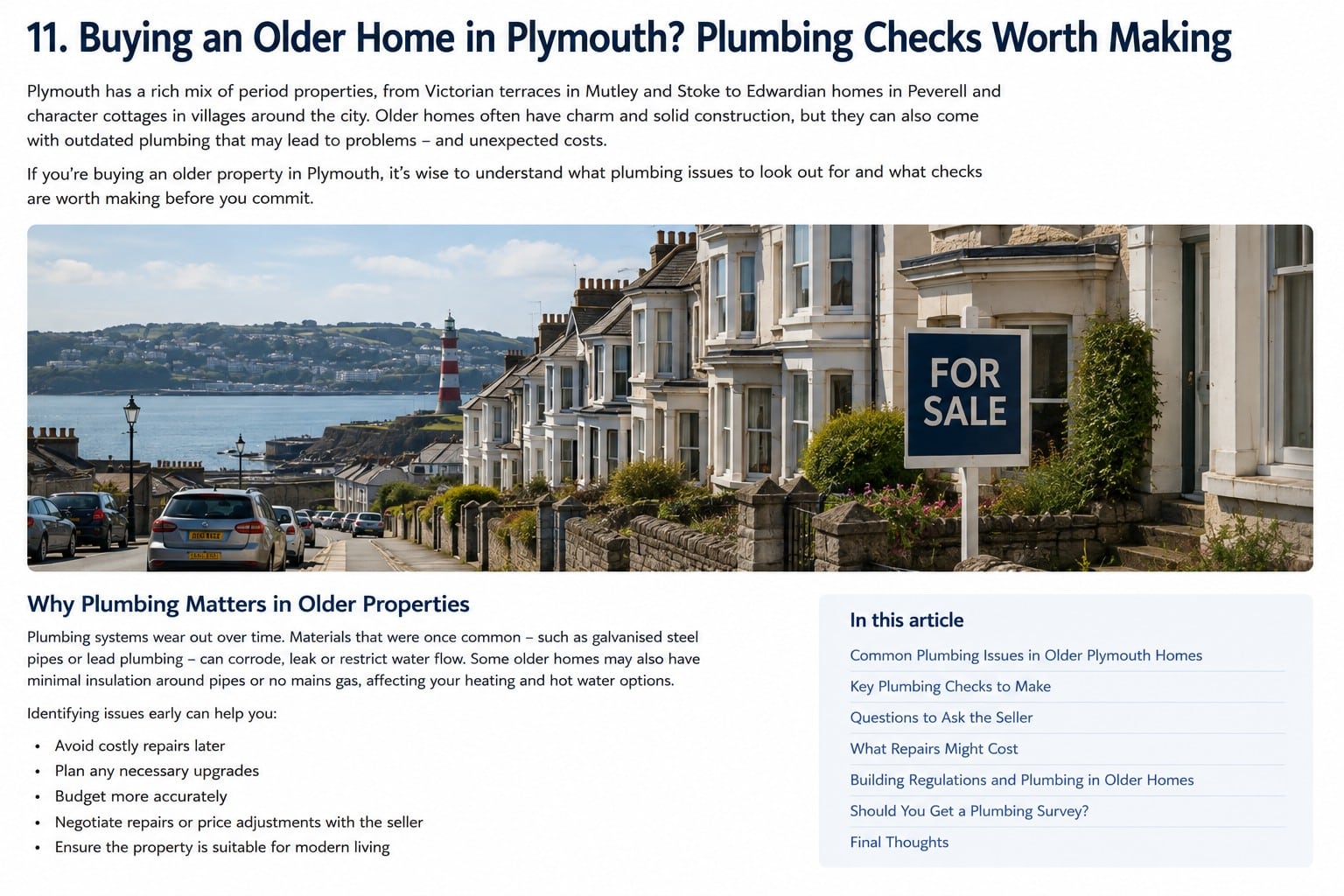 Plumber inspecting exposed pipework in an older Plymouth home before a property purchase.
